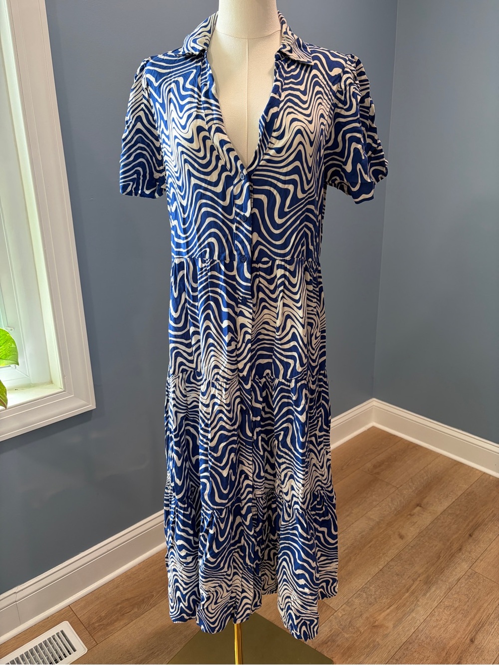 Blue White Swirl Print Tiered Midi Shirtdress Short Sleeve Boho Summer